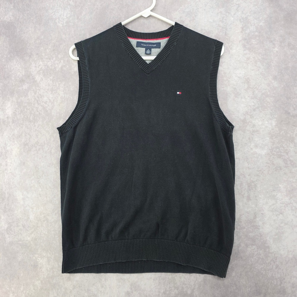 Tommy Hilfiger Mens Medium Black V-Neck Sweater Vest Flag Logo 100% Cotton
